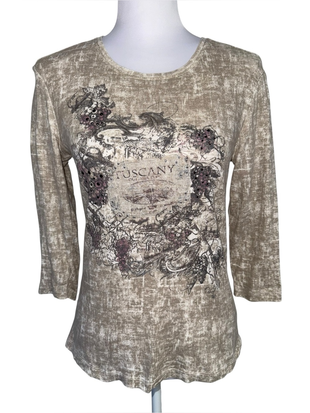 Nicole Miller NY Small‎ Tuscany Graphic Rhinestone 3/4 Sleeve Top Grunge Y2K